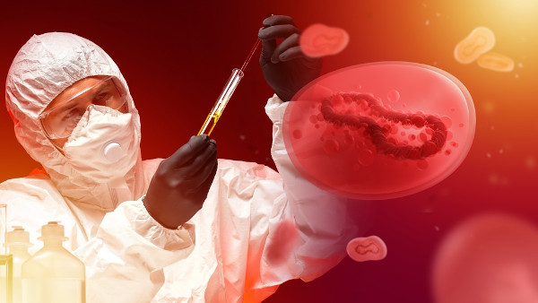 Imagem conceitual traz cientista segurando um tubo de ensaio no plano de fundo; no primeiro plano, representações de vírus