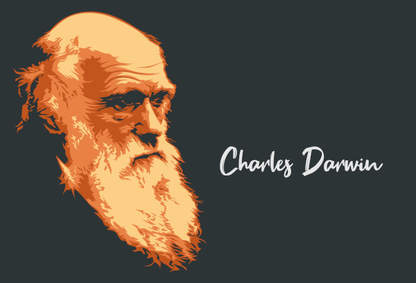 Ilustração de Charles Darwin acompanhada de seu nome à direita, em referência à teoria do neodarwinismo.