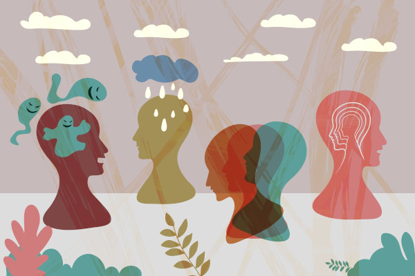 Ilustração de silhuetas de cabeças humanas de diferentes cores, representando a neurodiversidade.